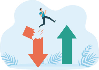 Financial Plan and saving and investment or stock market rebound and economic recovery concept, businessman jumping from red arrow pointing to green.
