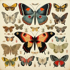 set of vintage butterfly illustrations, retro style, old book