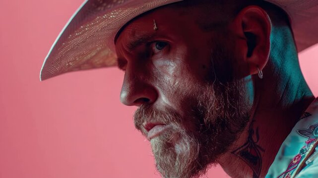 A man with a beard, tattoos and wearing a cowboy hat with red eyes.
