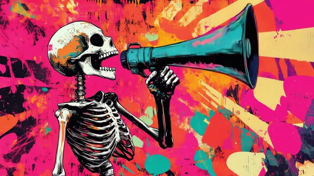 A skeleton with a megaphone shouts displayed against a vibrant abstract backdrop highlighting bold colors and patterns