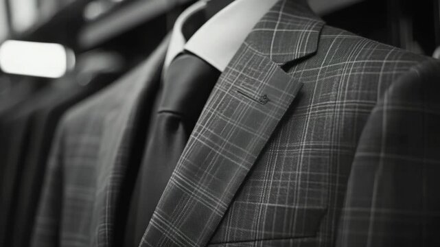 Close-up of suit jackets with various patterns on display in a store.