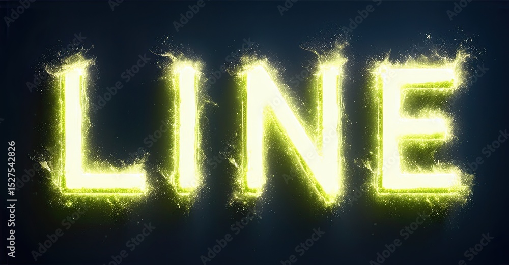 Aufkleber bright yellow text spells line against dark background. glowing particles surround letters, creating