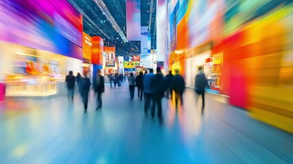 Crowds move through a colorful and busy exhibition area filled with lively displays and people engaged in exploration of an event, time lapse