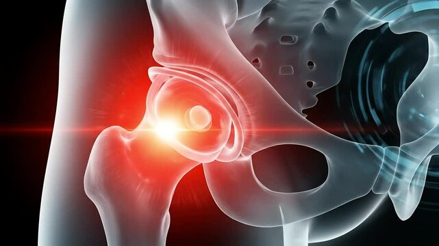 A human hip joint illustration with highlighted pain area, showing bone structure and potential injury.