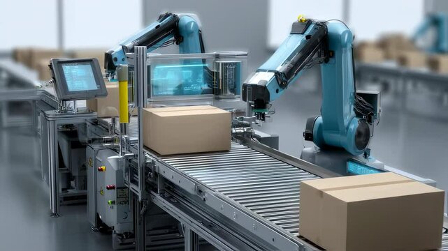 Modern robotic arms are managing cardboard boxes on a fast paced assembly line, showcasing automation and efficiency in a contemporary factory setting - Powered by Adobe