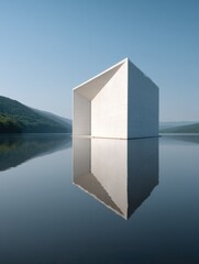 A white building is reflected in the water