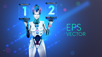 The robot girl holds the competition scoreboard in her hands. A female cyborg ring girl shows the score of an esports match. A beautiful girl with AI announces the results of the competition.
