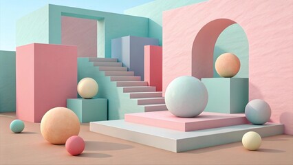 Abstract pastel 3D scene with spheres, stairs, and geometric shapes. Modern minimal architecture in soft pink and blue tones. Futuristic art concept.