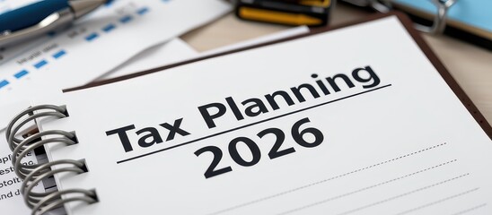 Fototapeta premium Tax planning document for 2026 on a desk filled with paperwork and stationery.