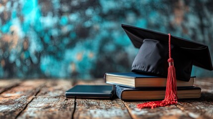 Online learning platform for university studies with Master's degree symbolized by hat and book