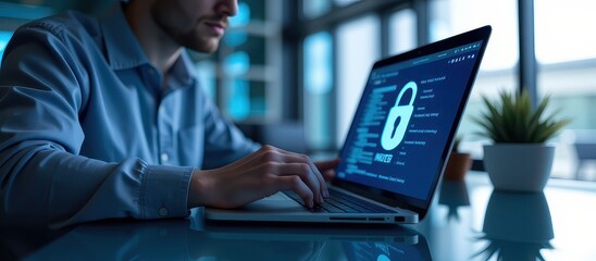 Man typing on a laptop with cybersecurity code displayed, focused on digital protection.