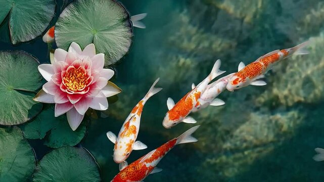 Koi Pond Harmony: A serene image of koi fish swimming gracefully amongst lily pads in a tranquil pond, with a single, beautiful water lily in full bloom enhancing the scene's beauty and calmness.