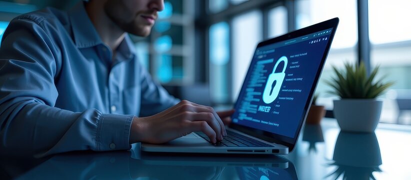 Man typing on a laptop with cybersecurity code displayed, focused on digital protection.