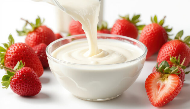 Creamy yogurt being poured into a glass bowl surrounded by fresh strawberries on a white background for healthy snack and dessert ideas