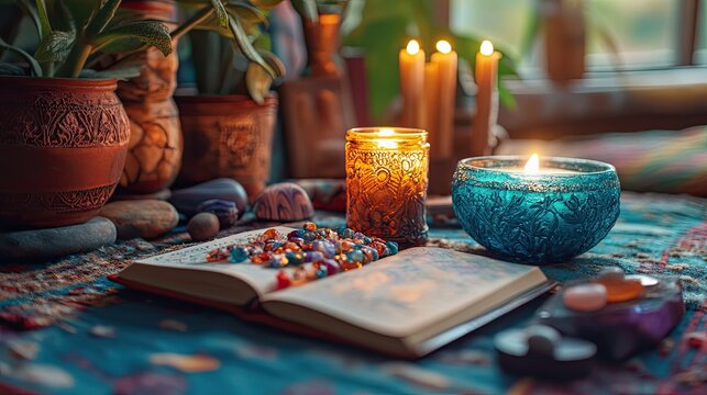 Open notebook on soft surface with decorative items and candle promoting mindfulness and relaxation.