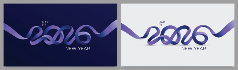 Stylish Happy New Year 2026 design with a flowing purple ribbon forming numbers, shown on dark and light backgrounds. Ideal for festive greetings, digital cards, and seasonal promotions.