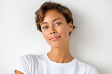 Woman with short hair smiles while looking at camera in a bright, minimalistic setting. Clean white background emphasizes simplicity and charm. Concept of beauty, confidence, lifestyle