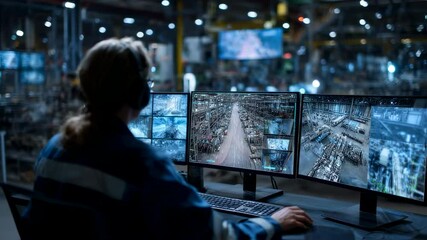 Industrial engineer wearing headset working late at night, controlling robotic arms and automated guided vehicles using cctv cameras inside a dark high tech factory - Powered by Adobe