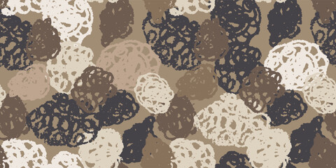 Brown grunge spiral balls background. Camouflage seamless pattern. Camo scribble hatching texture. Doodle hand strokes draws, round dirty spots. Vector wallpaper