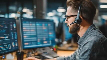 Tech Support Professional: A focused tech support professional, equipped with a headset, monitors complex data on multiple screens within a high-tech environment.