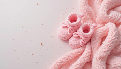 Cozy and Soft Pink Baby Booties on a Light Pink Background Surrounded by a Warm Knitted Blanket