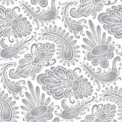 Hand drawn swirl ornaments, paisley pattern, grey and white colors. Seamless floral pattern-739.