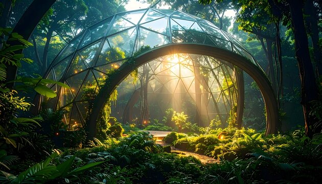 A dome-covered utopian forest with glowing plants and AI-controlled weather, sunlight refracting through translucent trees &mdash; futuristic, spiritual, and serene scene, perfect for sci-fi wallpaper.