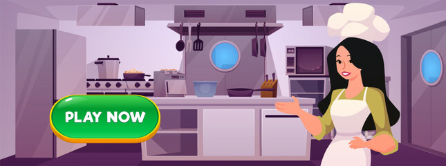 Chef cook invites to play restaurant business game now, vector restaurant kitchen interior with equipment and furniture