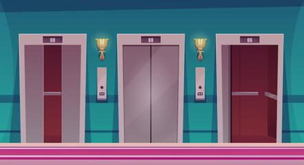 Three elevators with different door opening positions, public lobby interior vector flat illustration, hall and corridor