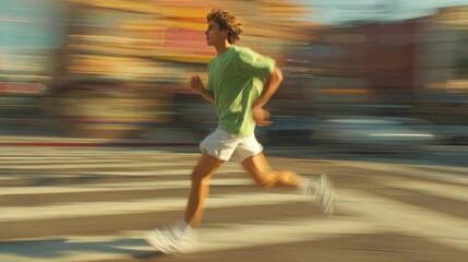 A man in a green shirt and white shorts runs across a street
