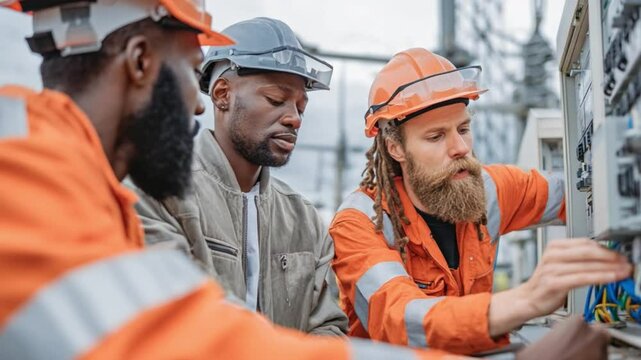 Team of Engineers at Work: A dedicated team of engineers collaborates on site, meticulously inspecting and adjusting electrical components with unwavering focus, embodying the spirit of expertise.
