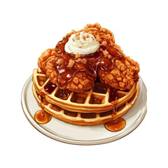 Delicious Crispy Chicken and Waffles with Syrup and Whipped Cream