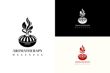 illustration of round diffuser with curved air vents, vector logo for scent, relaxation, mindfulness, skincare, health, fitness, herbal product, beauty brand, aromatherapy wellness, and more