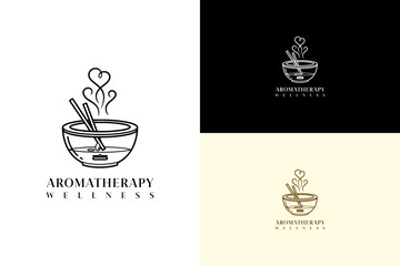 bowl diffuser with oil and two wooden sticks illustration, vector logo for essential oil, skincare, beauty brand, fitness, herbal cosmetics, natural oil, aromatherapy wellness, and more