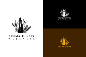 vector illustration of dropper bottle with lavender and rosemary, logo for essential oil, mindfulness, beauty products, herbal cosmetics, scent, organic, aromatherapy wellness, fitness, and more