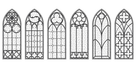 Gothic church window frames with medieval pattern. Stained glass cathedral arches. Vintage catholic architecture shapes on white background. Renaissance outline decorations. Vector