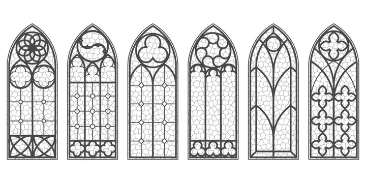Gothic church window frames with medieval pattern. Stained glass cathedral arches. Vintage catholic architecture shapes on white background. Renaissance outline decorations. Vector