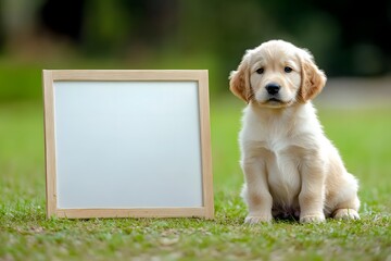 adorable golden retriever puppy sitting beside a large blank whiteboard sign on green grass, soft lighting and shallow depth of field
