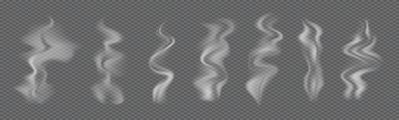 Hot food Steam, cigarette Vapor. Mist wavy cloud set. Smoke from coffee cup. Set of vector icons isolated. Realistic smoky cloud