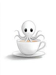 A small octopus hiding behind a teacup on a blank table, only two eyes peeking out, simple lines and a gentle tone, lots of white space