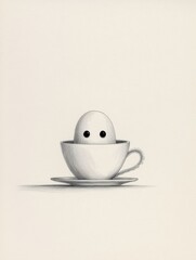 A small octopus hiding behind a teacup on a blank table, only two eyes peeking out, simple lines and a gentle tone, lots of white space