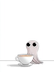 A small octopus hiding behind a teacup on a blank table, only two eyes peeking out, simple lines and a gentle tone, lots of white space