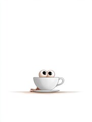 A small octopus hiding behind a teacup on a blank table, only two eyes peeking out, simple lines and a gentle tone, lots of white space