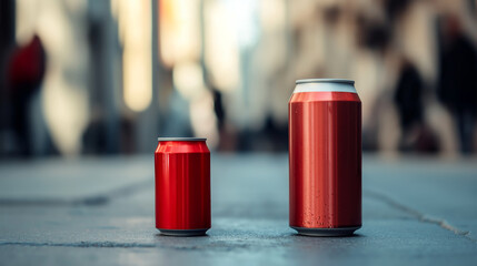 Small soda can stands beside larger vintage version on city street during daytime