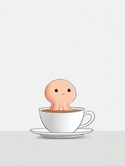 A small octopus hiding behind a teacup on a blank table, only two eyes peeking out, simple lines and a gentle tone, lots of white space