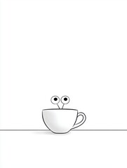 A small octopus hiding behind a teacup on a blank table, only two eyes peeking out, simple lines and a gentle tone, lots of white space