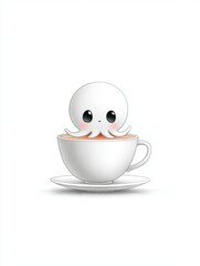 A small octopus hiding behind a teacup on a blank table, only two eyes peeking out, simple lines and a gentle tone, lots of white space