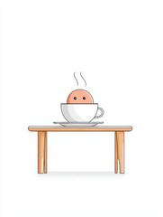 A small octopus hiding behind a teacup on a blank table, only two eyes peeking out, simple lines and a gentle tone, lots of white space