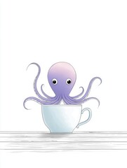 A small octopus hiding behind a teacup on a blank table, only two eyes peeking out, simple lines and a gentle tone, lots of white space