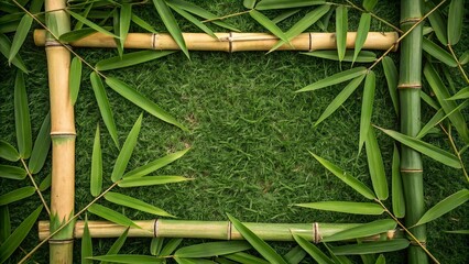 Top view of bamboo frame with green leaves on fresh grass background. Natural eco border design, perfect for tropical themes, organic products, and nature-related concepts.